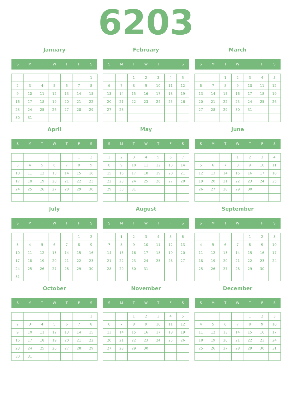 Printable 6203 Year Calendars celadon