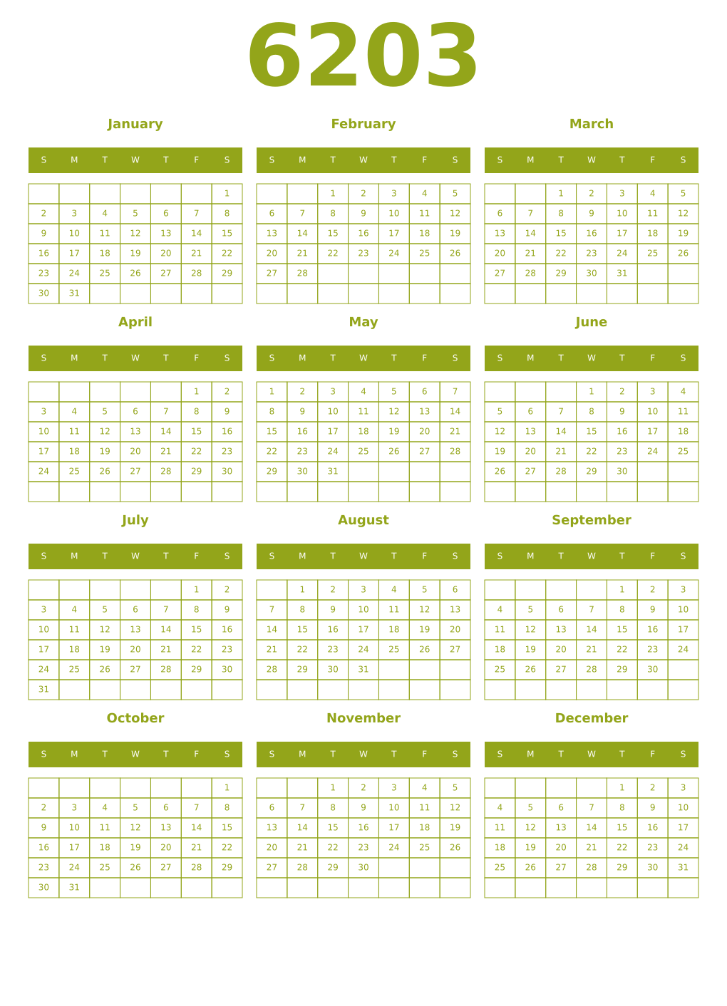 Printable 6203 Year Calendars chartreuse