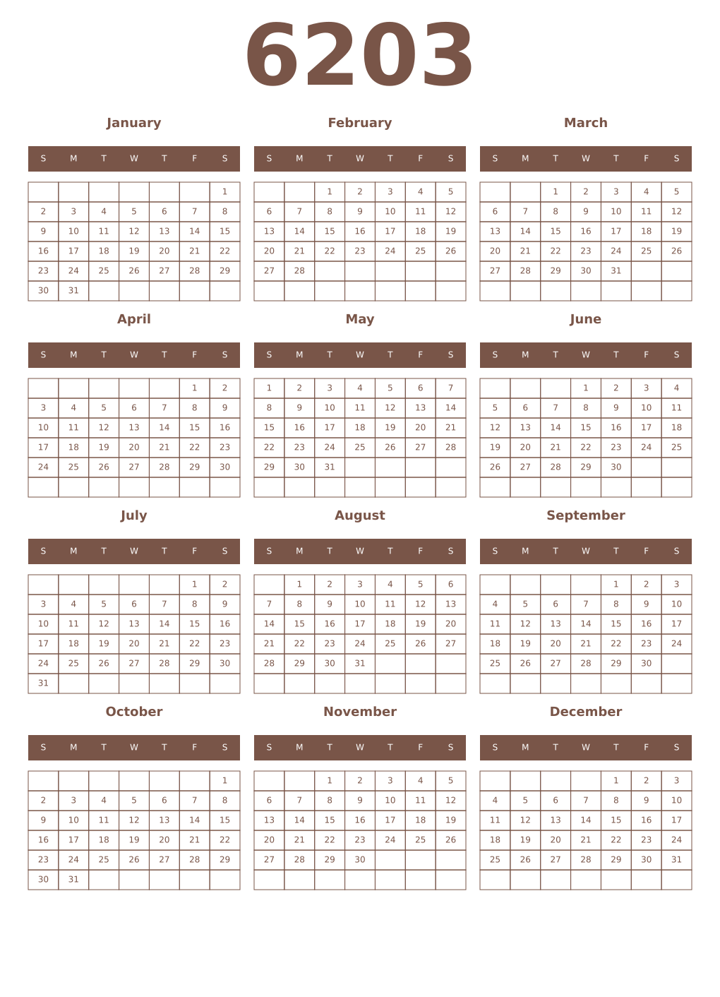 Printable 6203 Year Calendars coffe