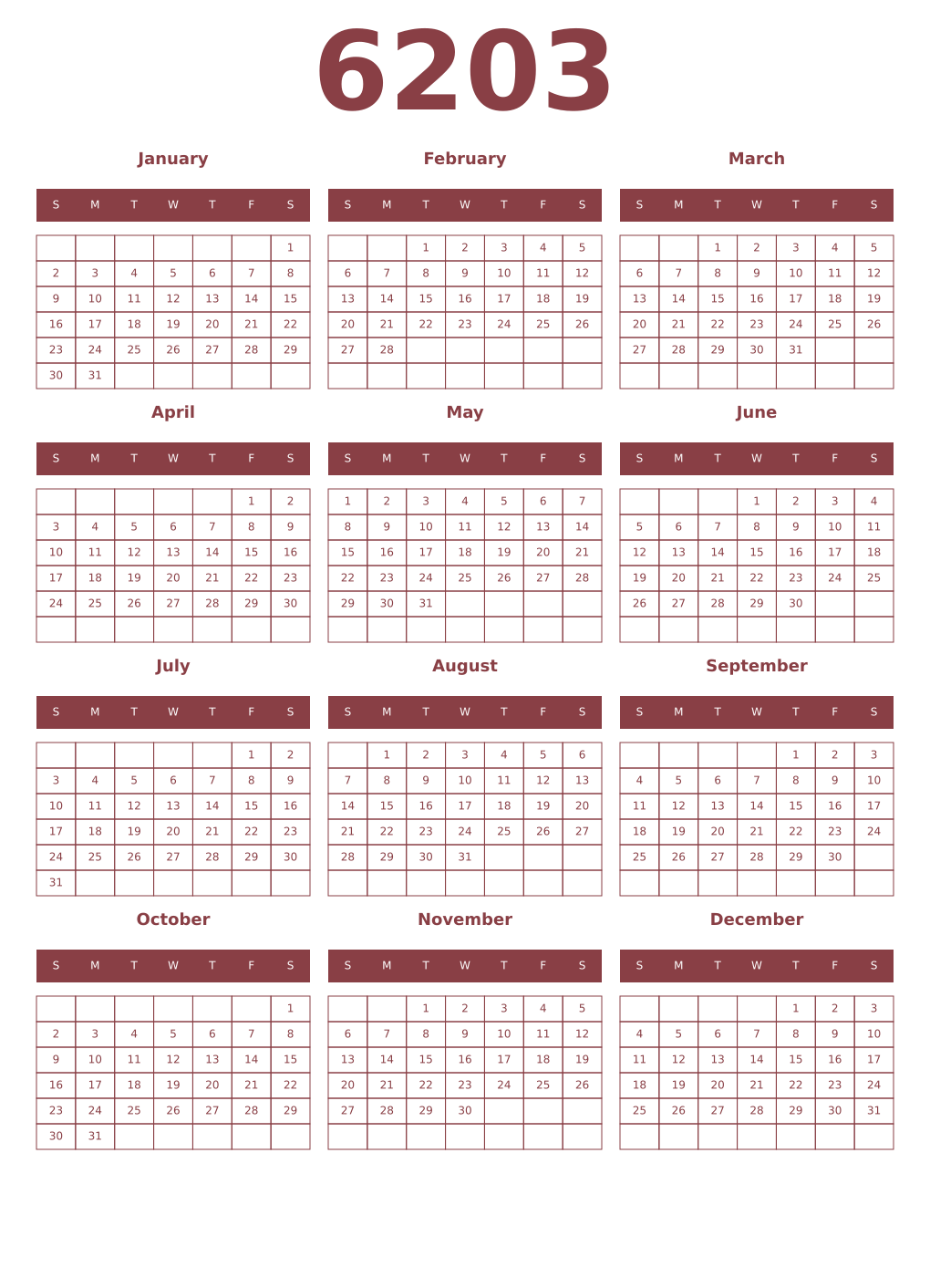 Printable 6203 Year Calendars cordovan