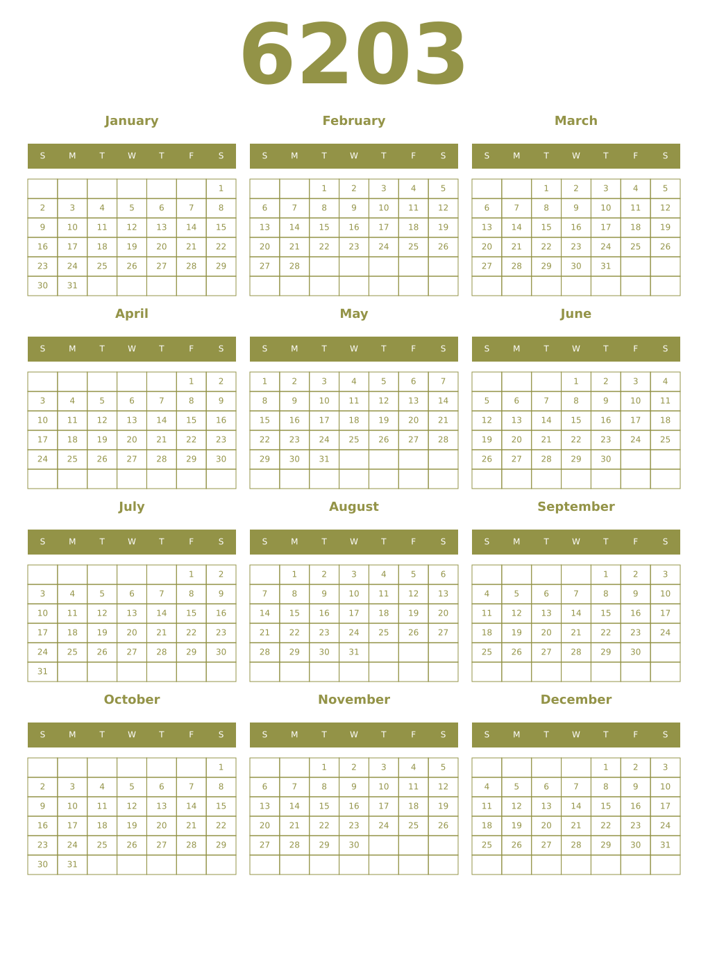 Printable 6203 Year Calendars eburnean