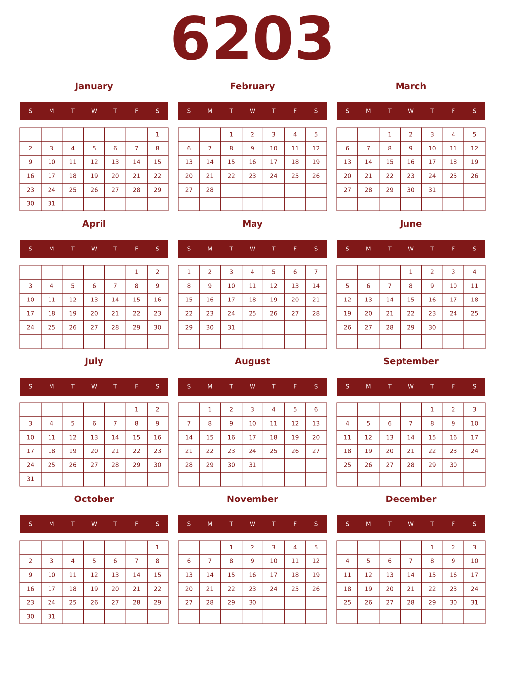 Printable 6203 Year Calendars falu