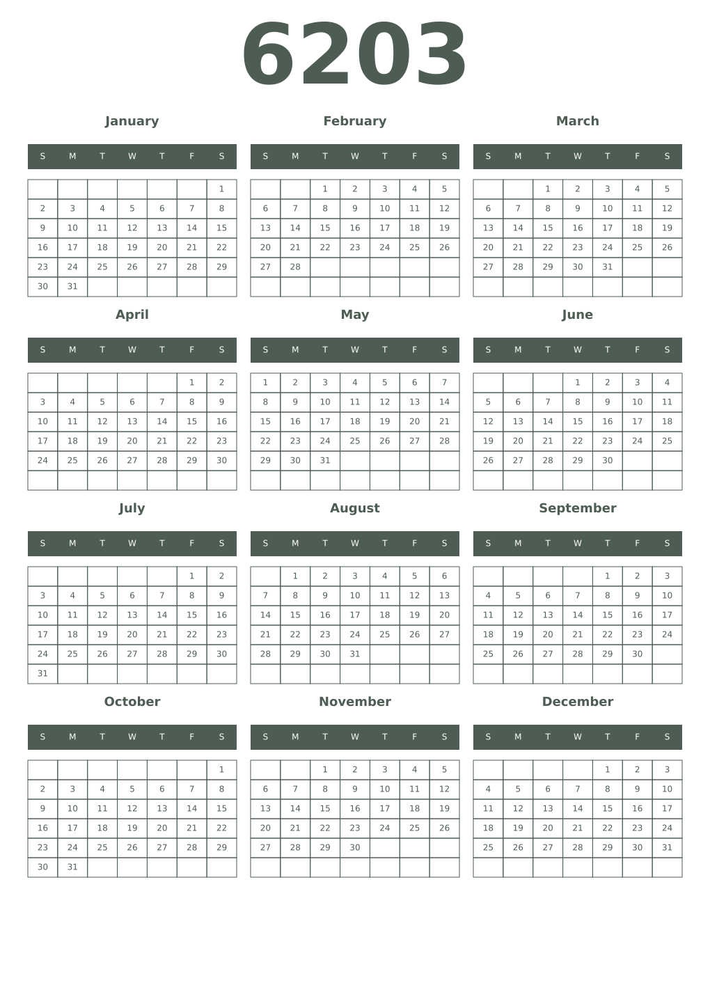 Printable 6203 Year Calendars feldgrau
