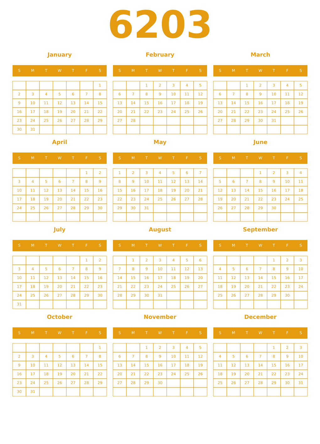 Printable 6203 Year Calendars gamboge