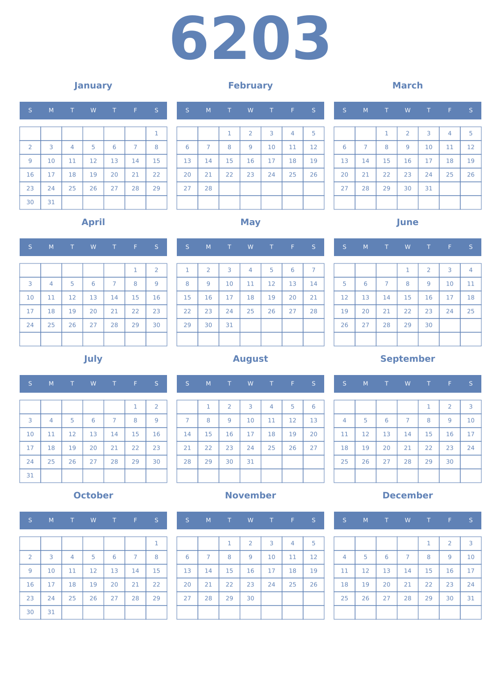 Printable 6203 Year Calendars glaucous