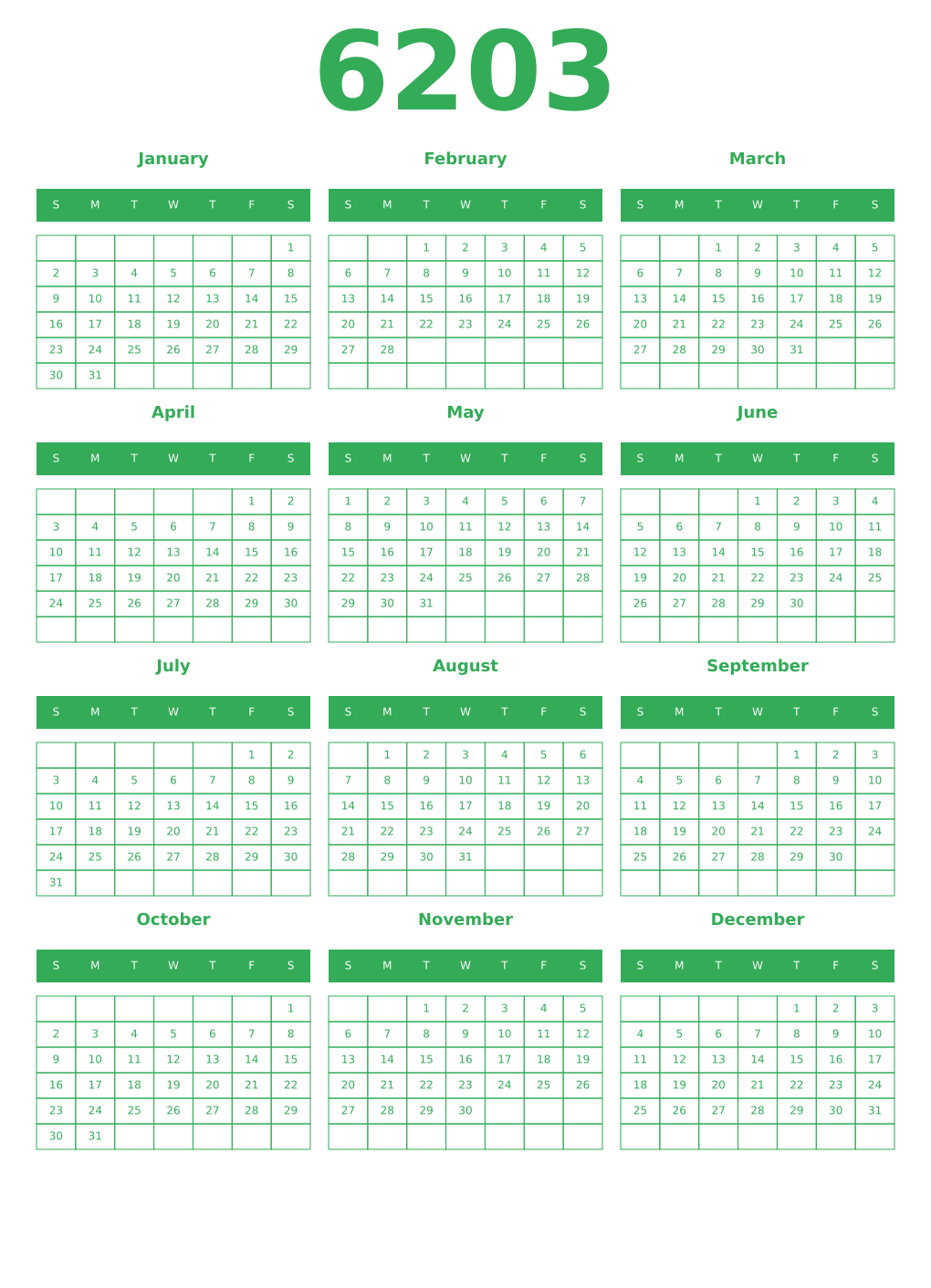Printable 6203 Year Calendars green