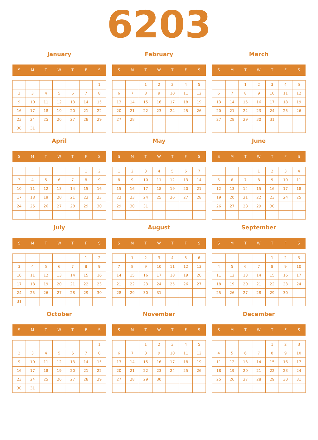 Printable 6203 Year Calendars orange