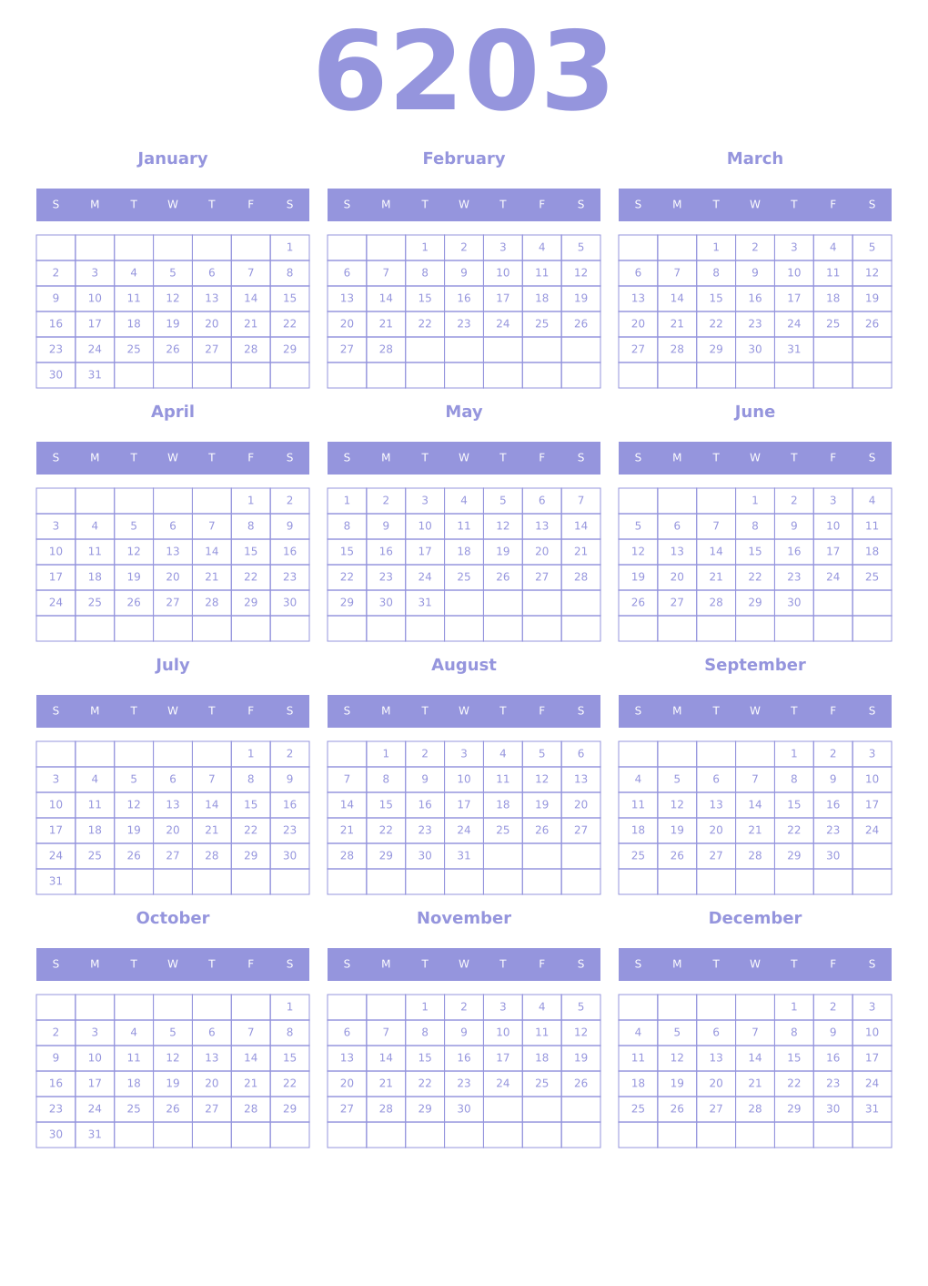 Printable 6203 Year Calendars periwinkle