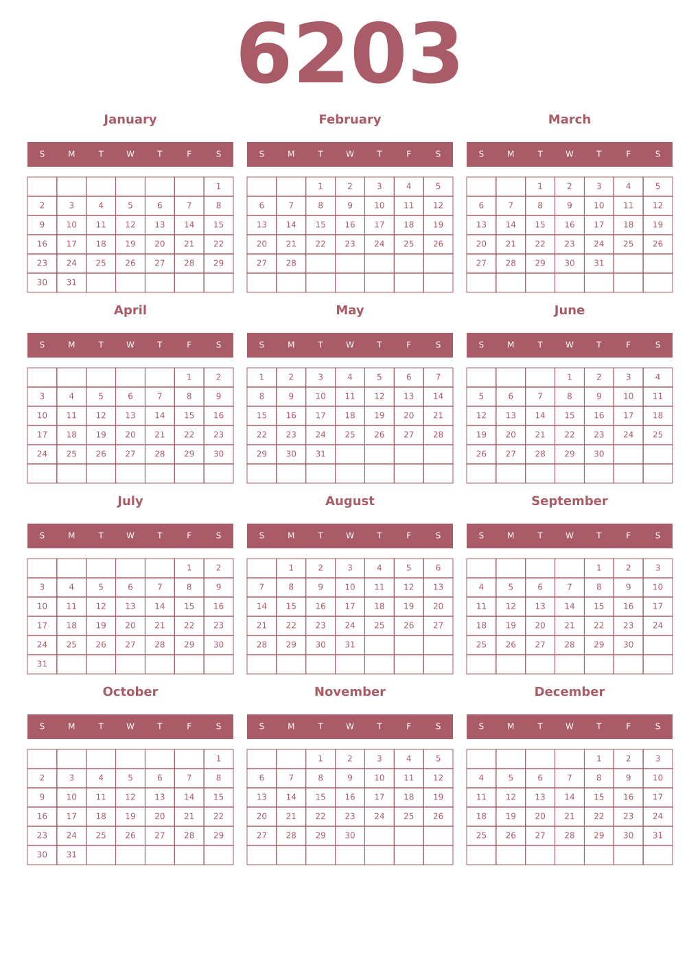 Printable 6203 Year Calendars puce
