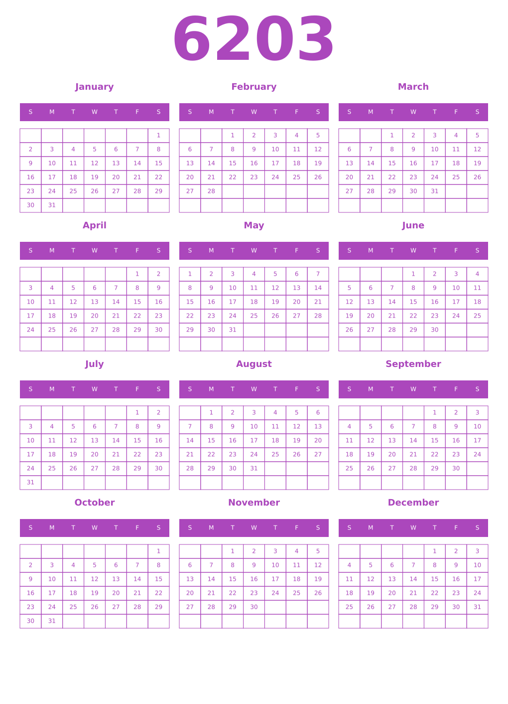 Printable 6203 Year Calendars purple
