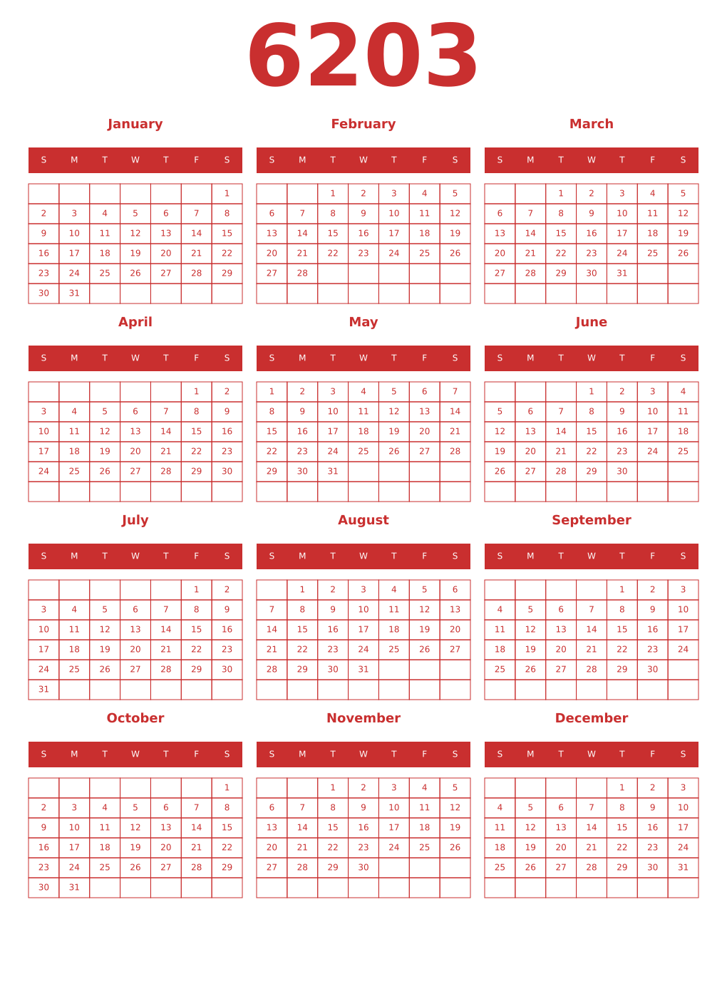 Printable 6203 Year Calendars red