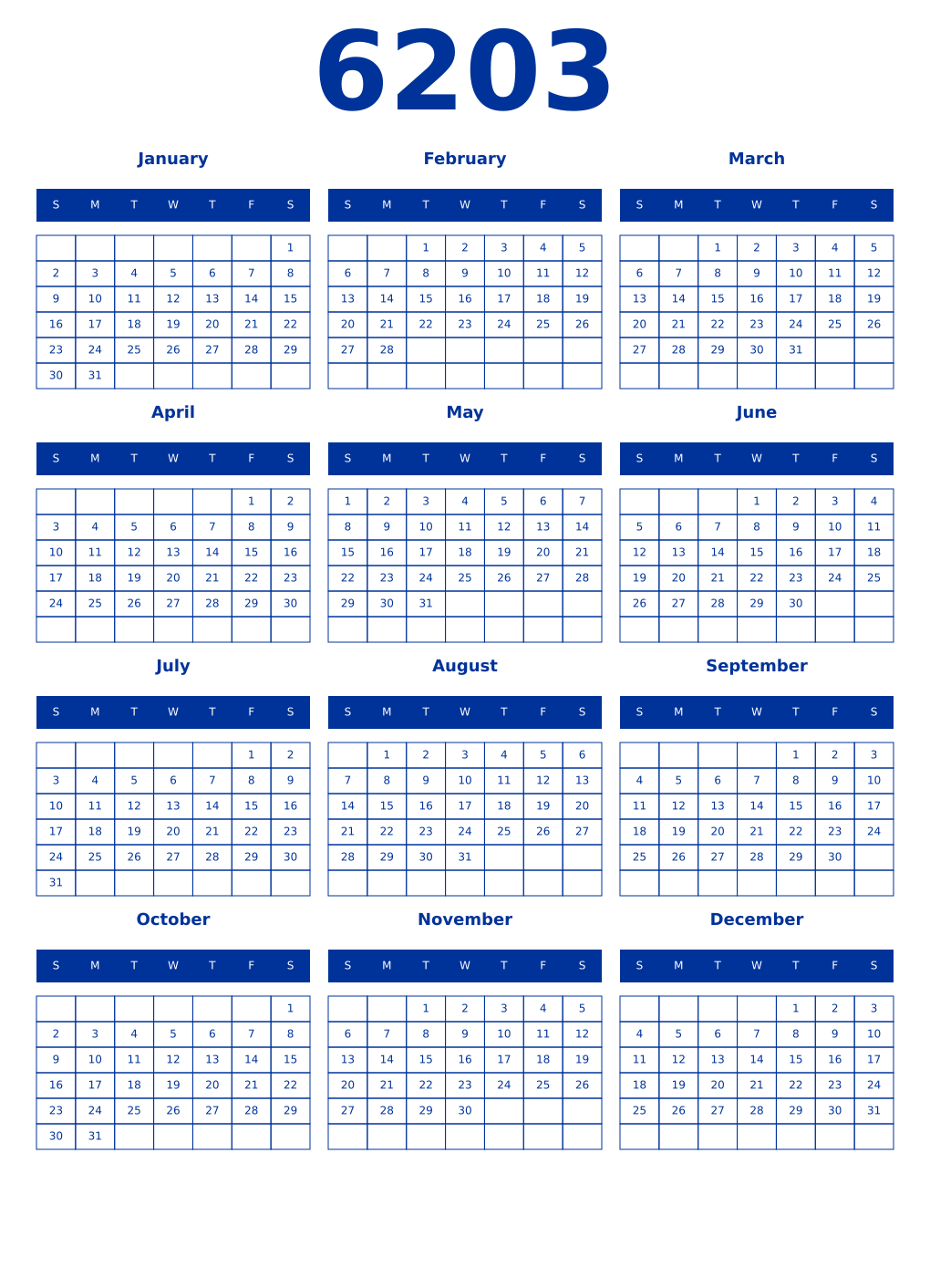 Printable 6203 Year Calendars smalt