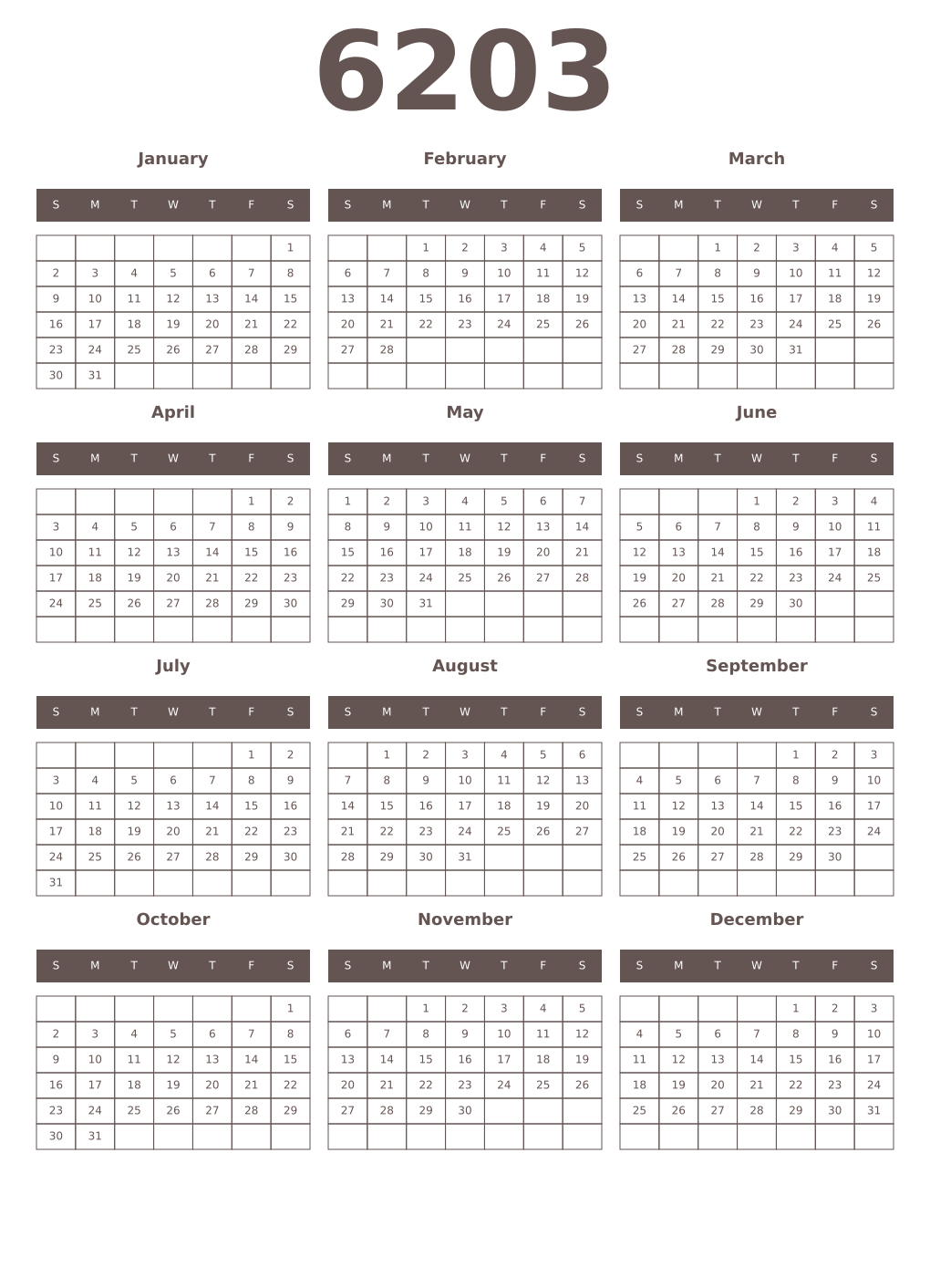 Printable 6203 Year Calendars wenge