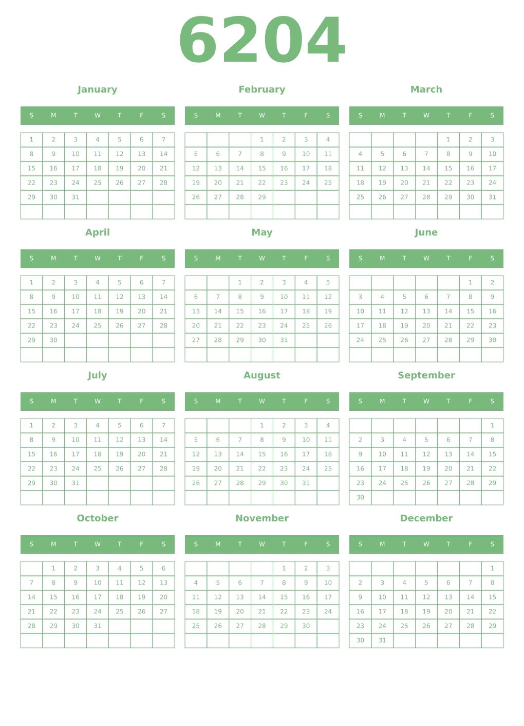 Printable 6204 Year Calendars celadon
