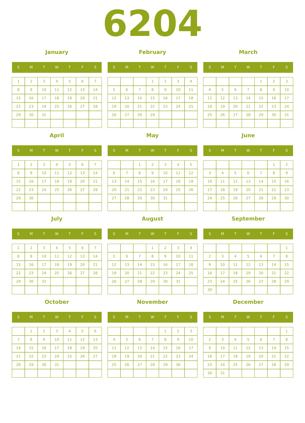 Printable 6204 Year Calendars chartreuse