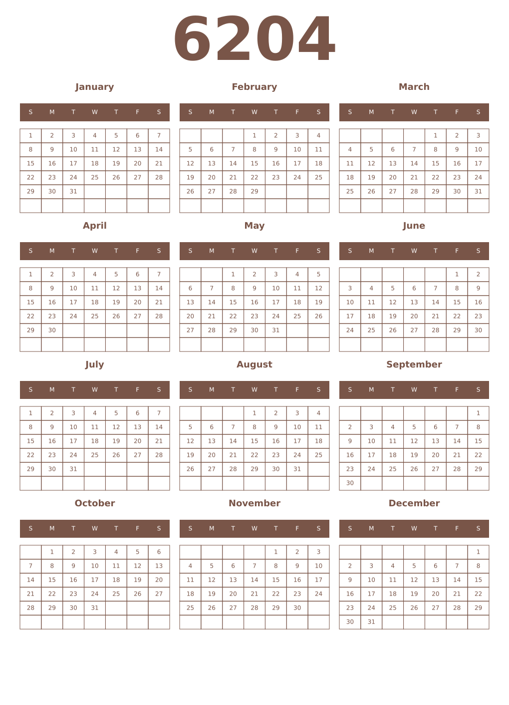 Printable 6204 Year Calendars coffe