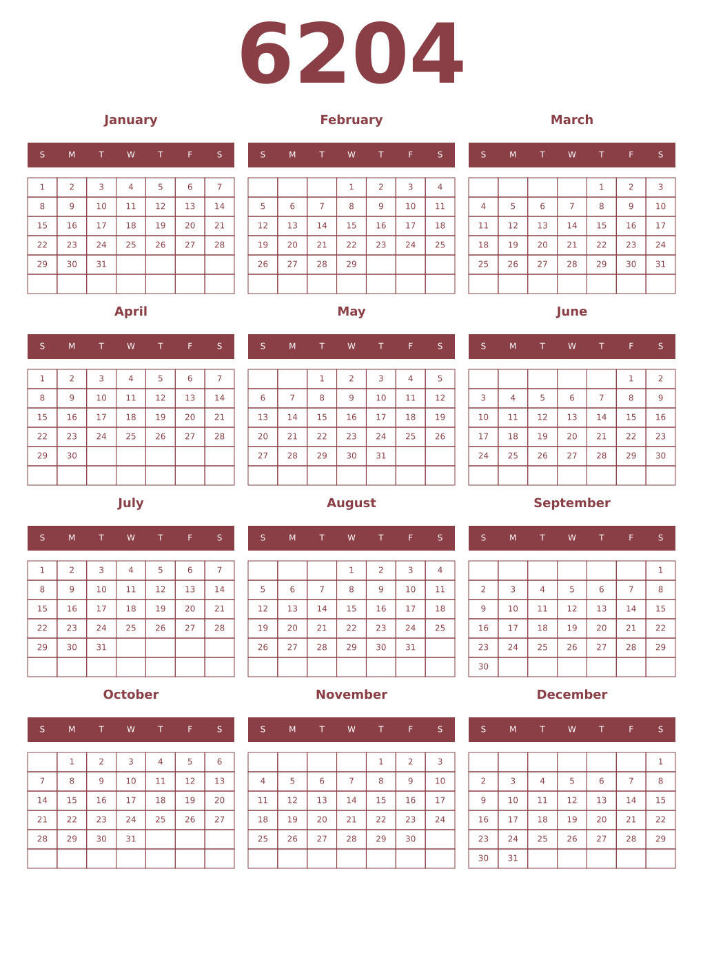 Printable 6204 Year Calendars cordovan