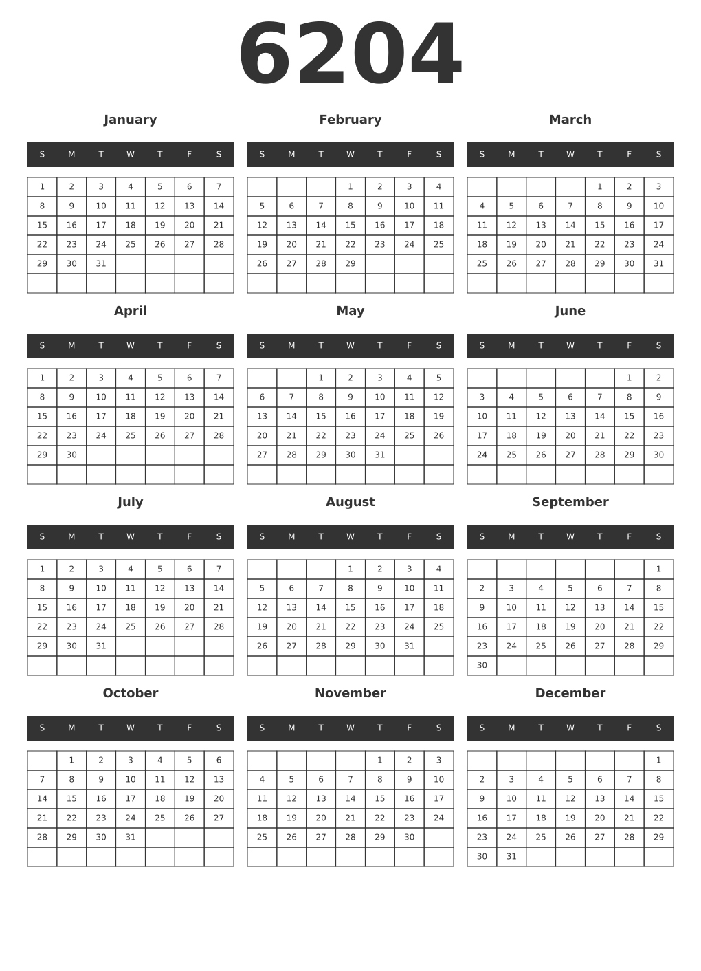 Printable 6204 Year Calendars dark
