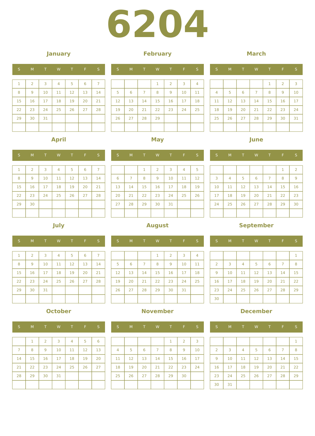Printable 6204 Year Calendars eburnean