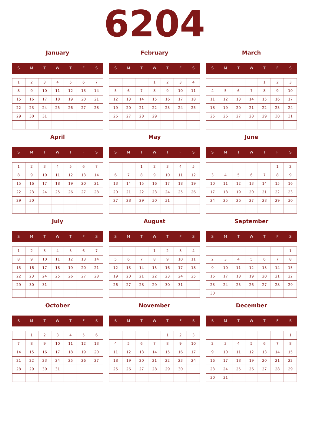 Printable 6204 Year Calendars falu