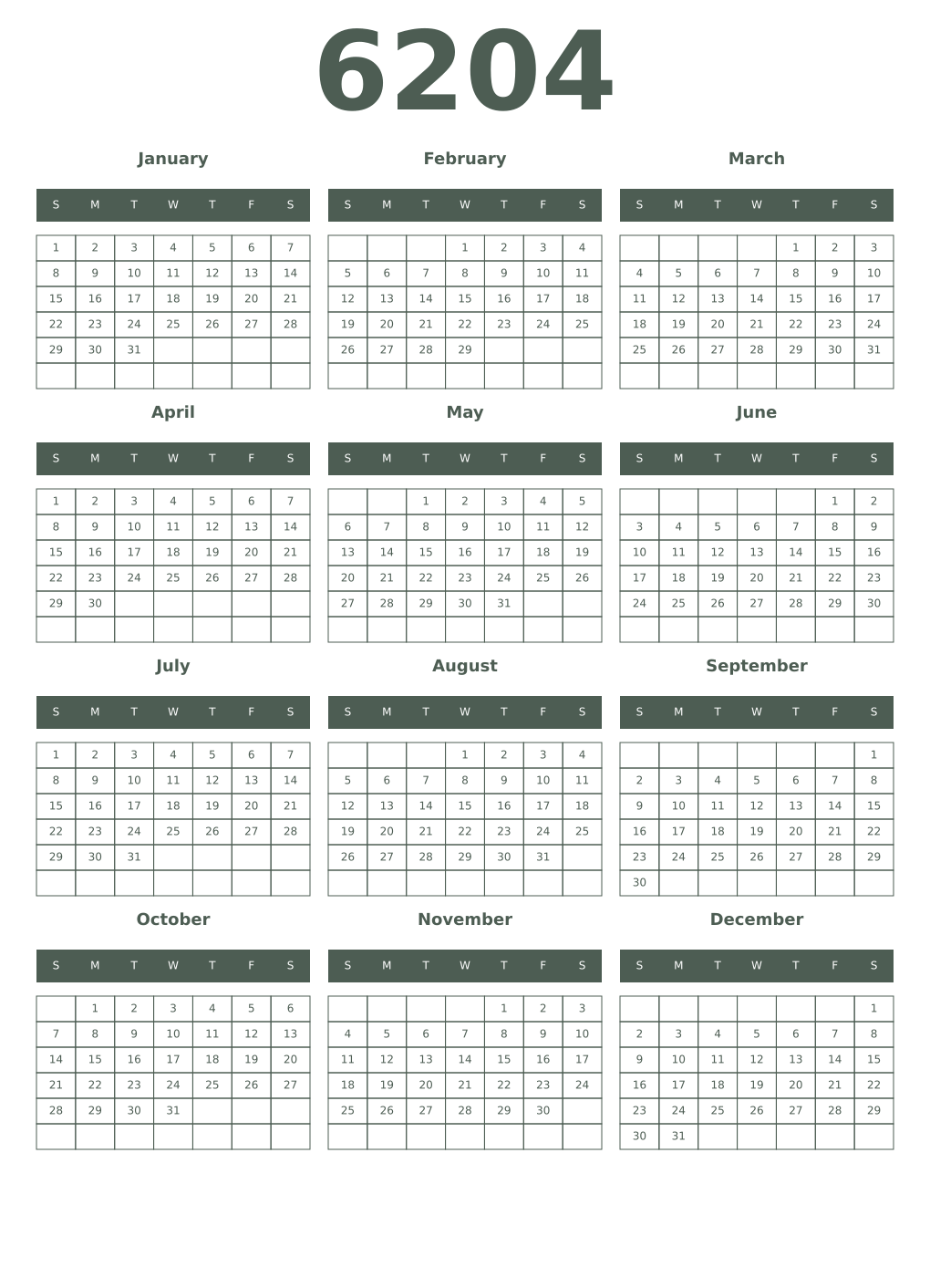 Printable 6204 Year Calendars feldgrau