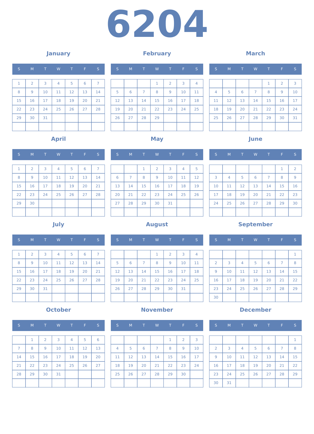 Printable 6204 Year Calendars glaucous