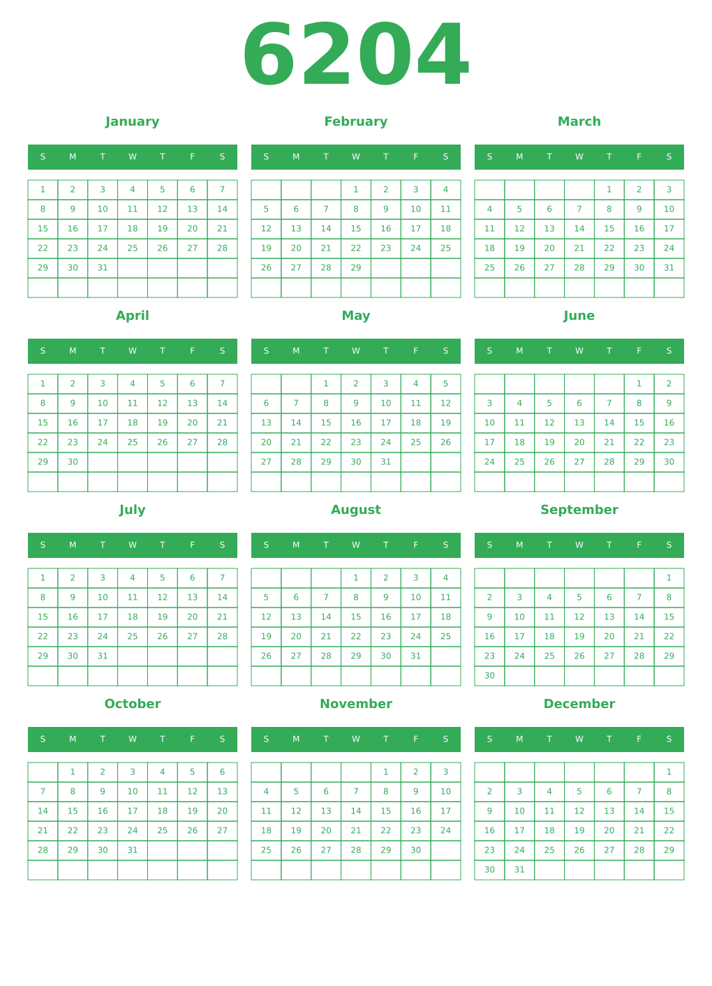 Printable 6204 Year Calendars green