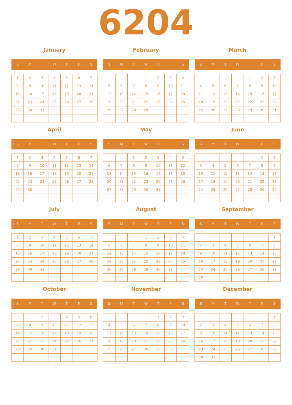 Printable 6204 Year Calendars orange