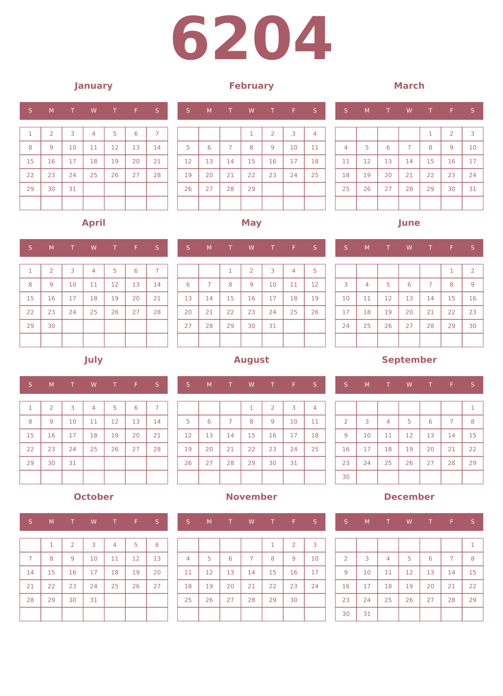 Printable 6204 Year Calendars puce