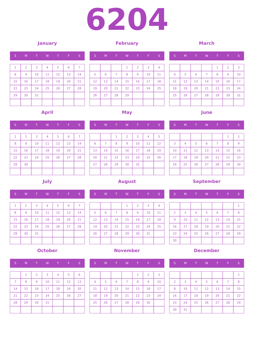 Printable 6204 Year Calendars purple