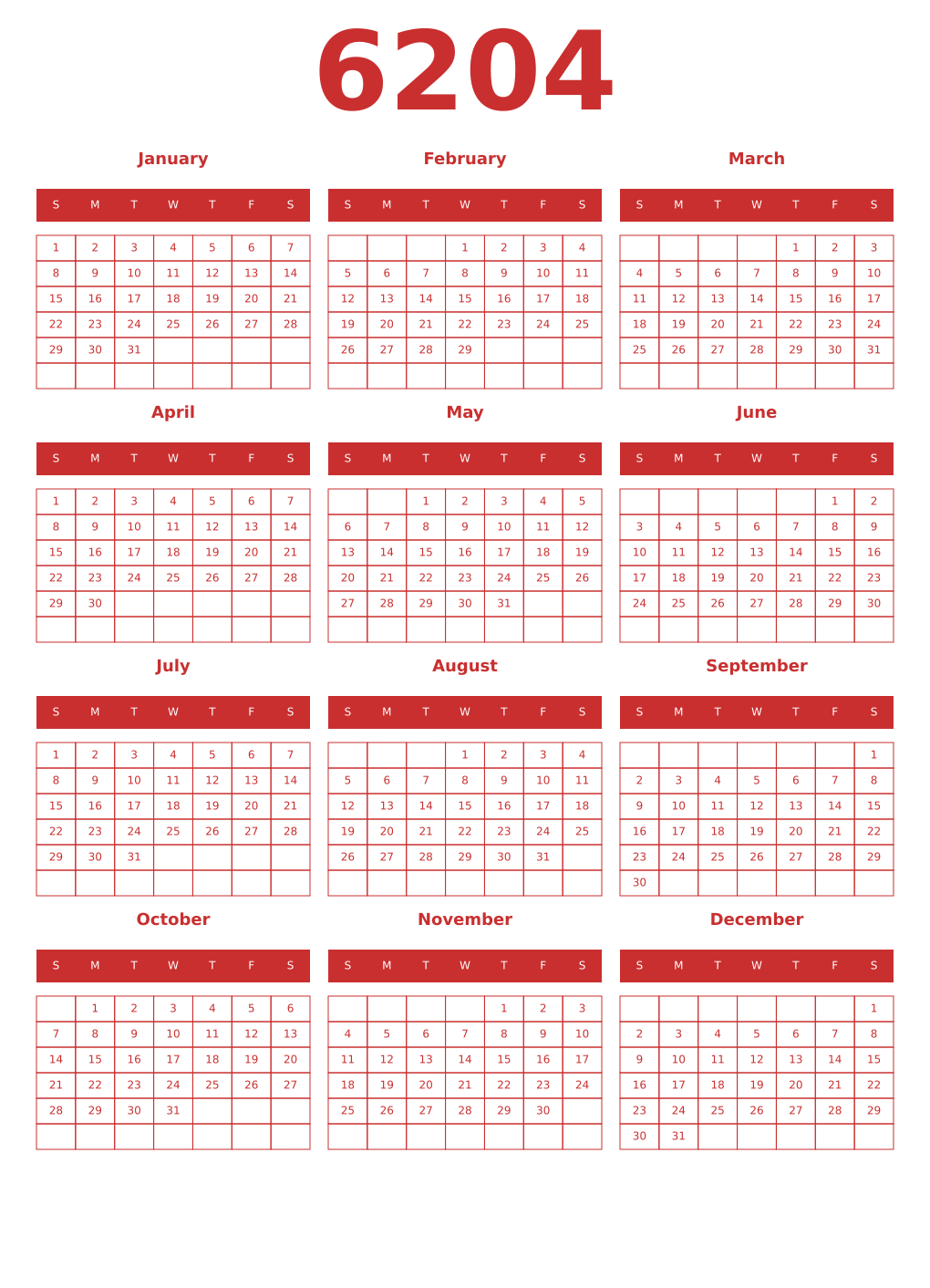 Printable 6204 Year Calendars red