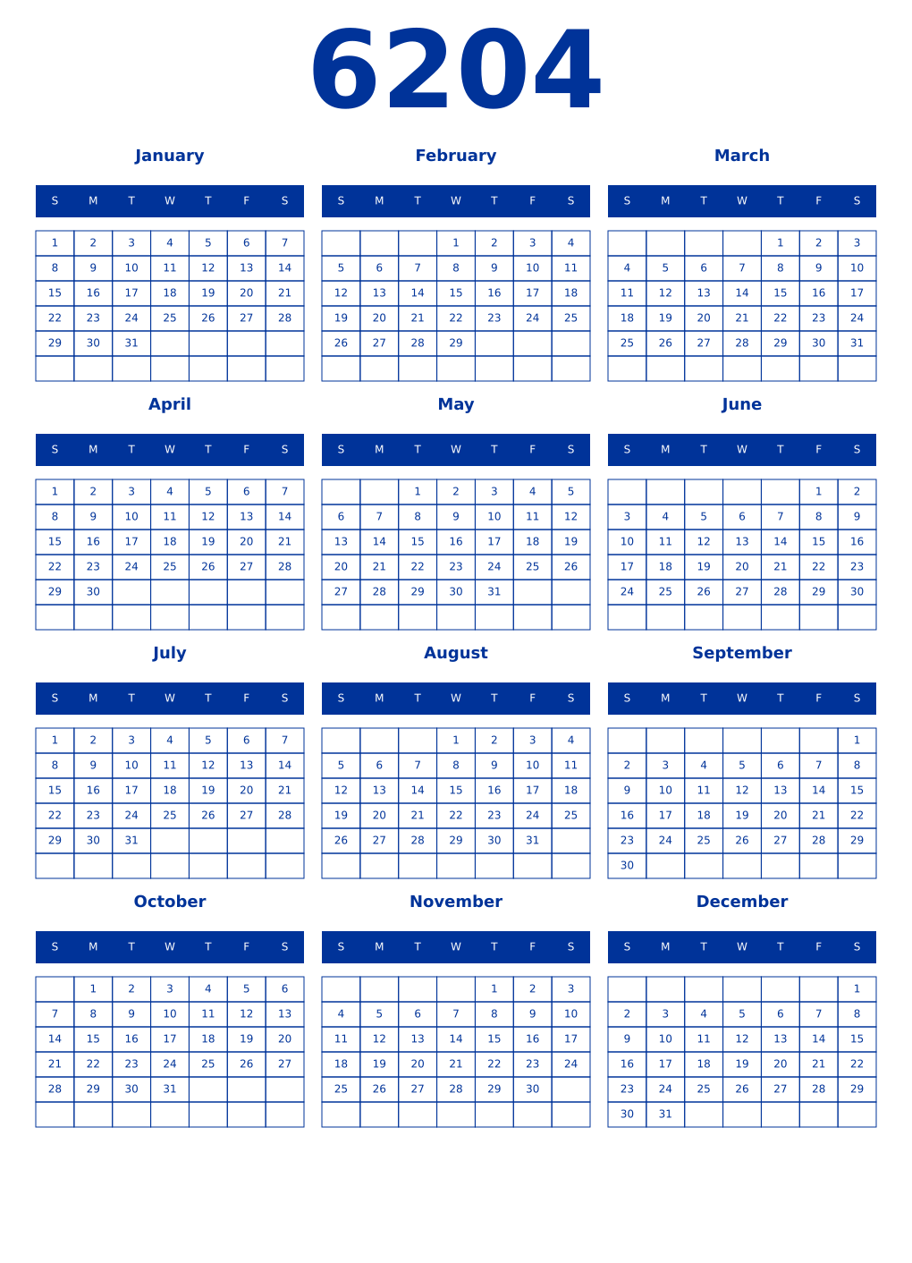 Printable 6204 Year Calendars smalt