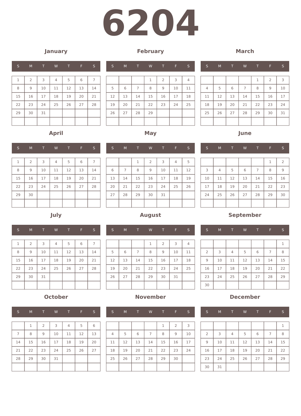 Printable 6204 Year Calendars wenge