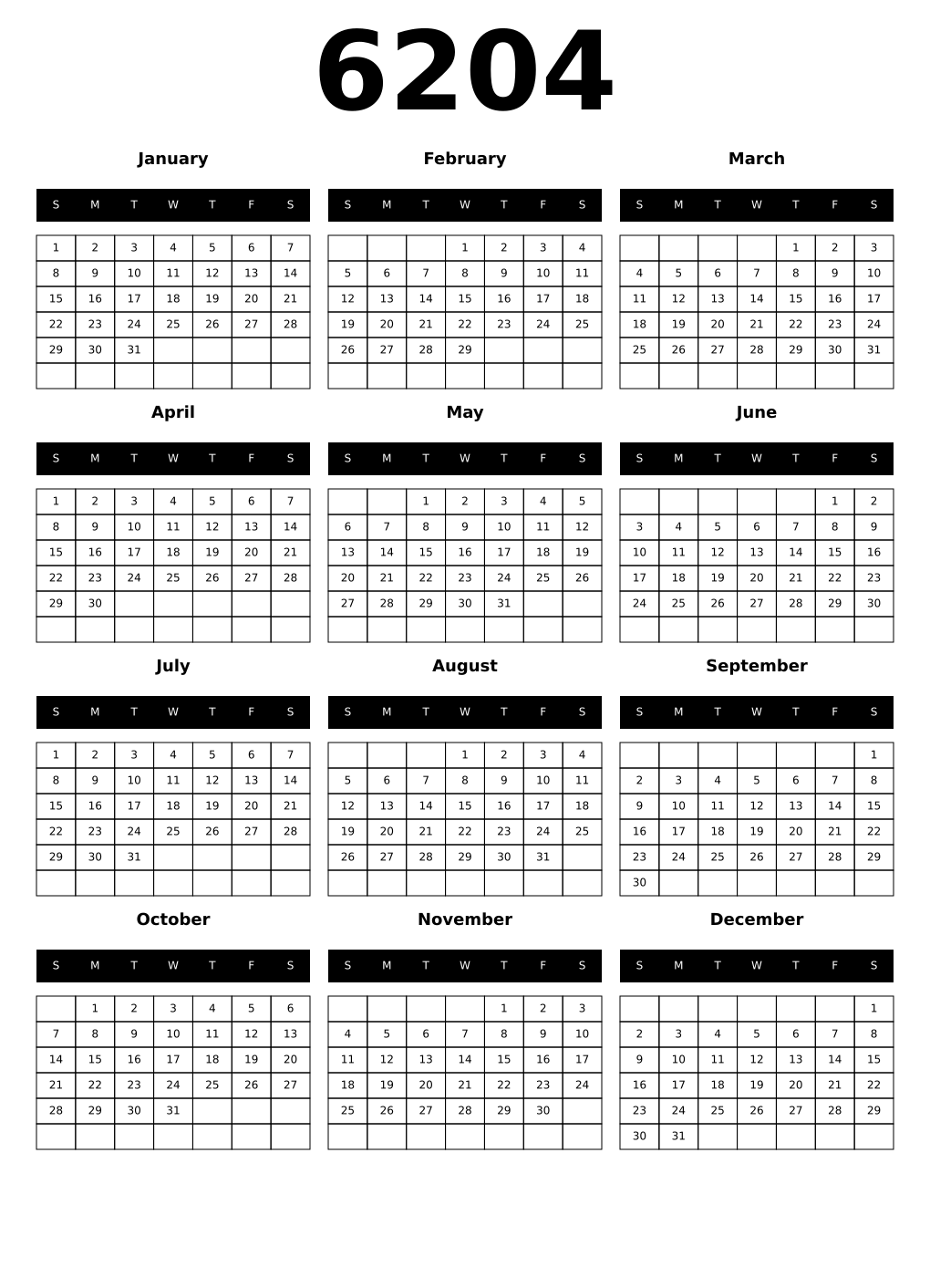 Printable 6204 Calendars