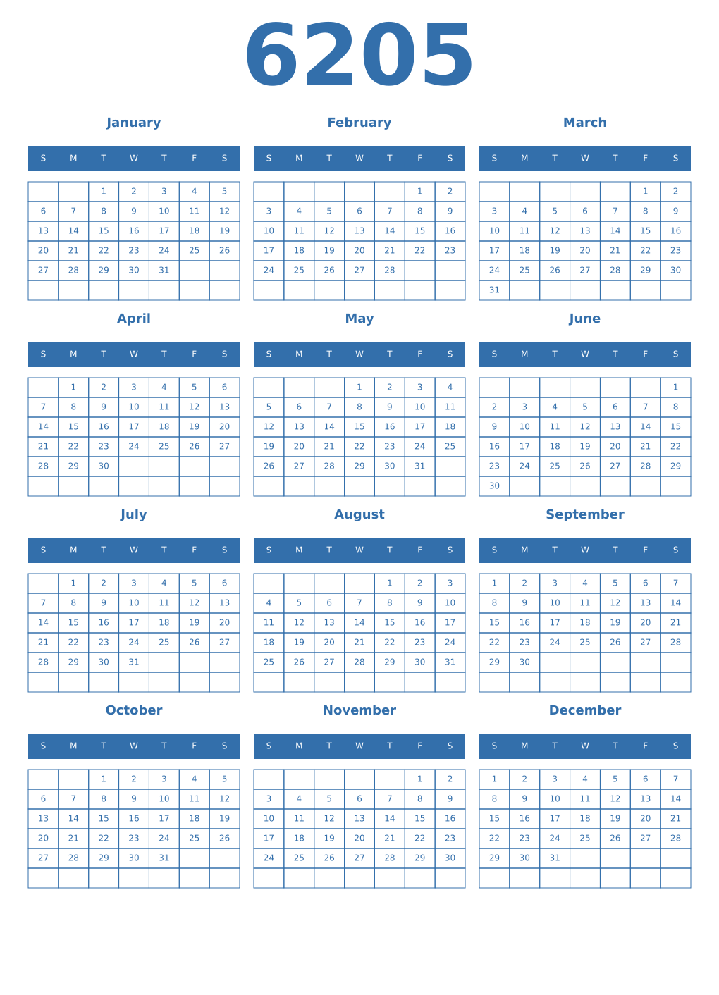 Printable 6205 Year Calendars blue