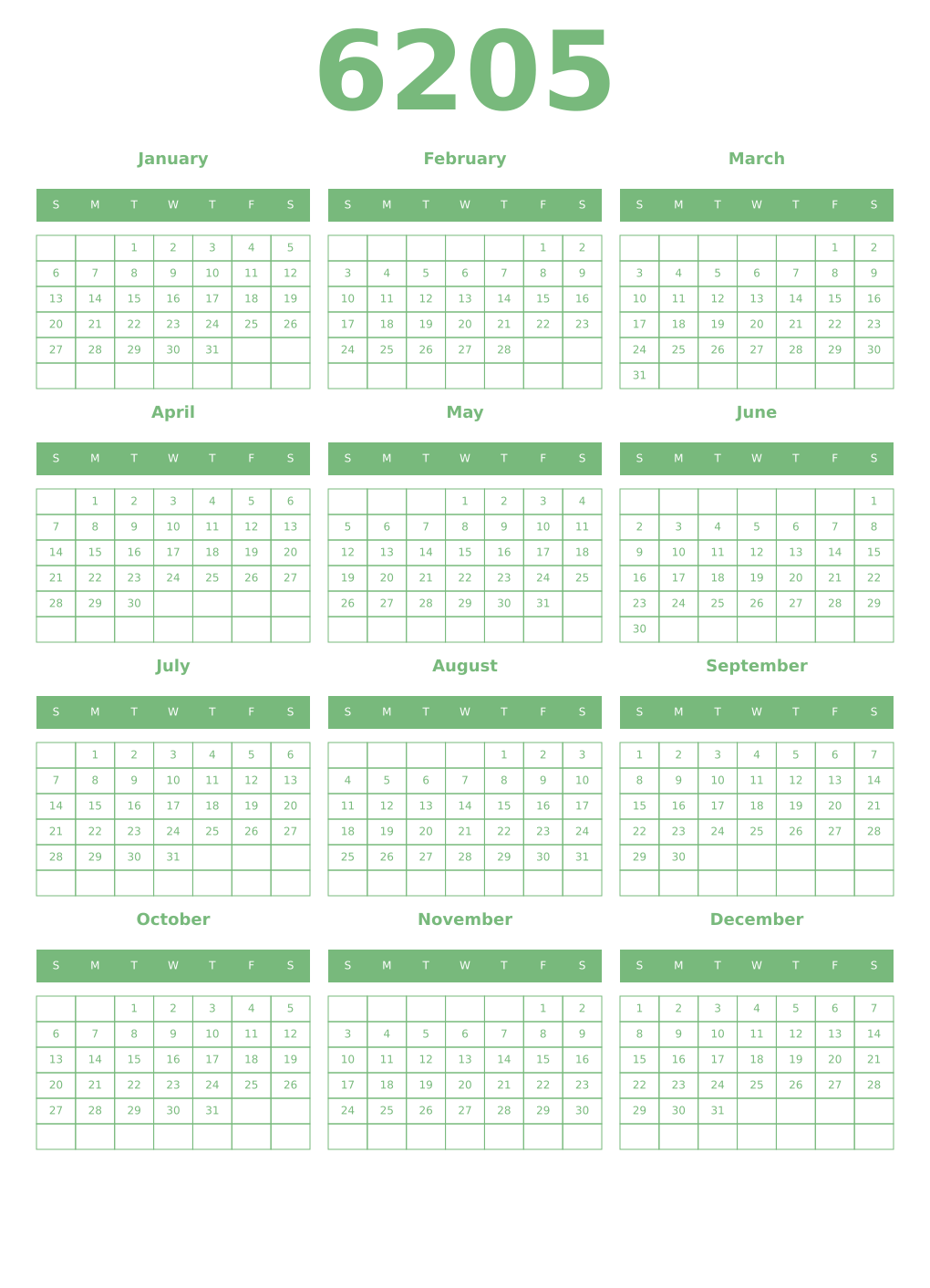 Printable 6205 Year Calendars celadon