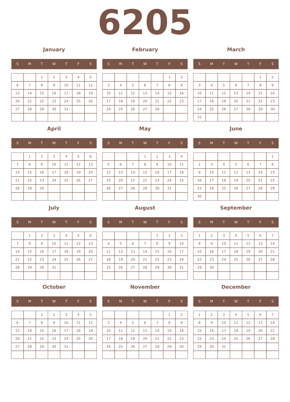 Printable 6205 Year Calendars coffe
