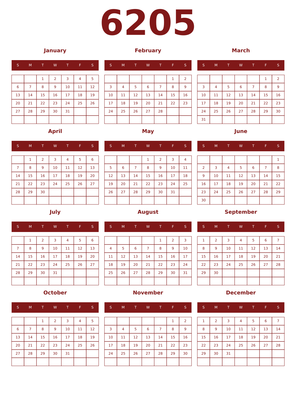Printable 6205 Year Calendars falu