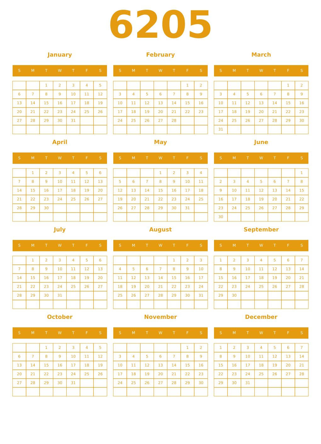 Printable 6205 Year Calendars gamboge
