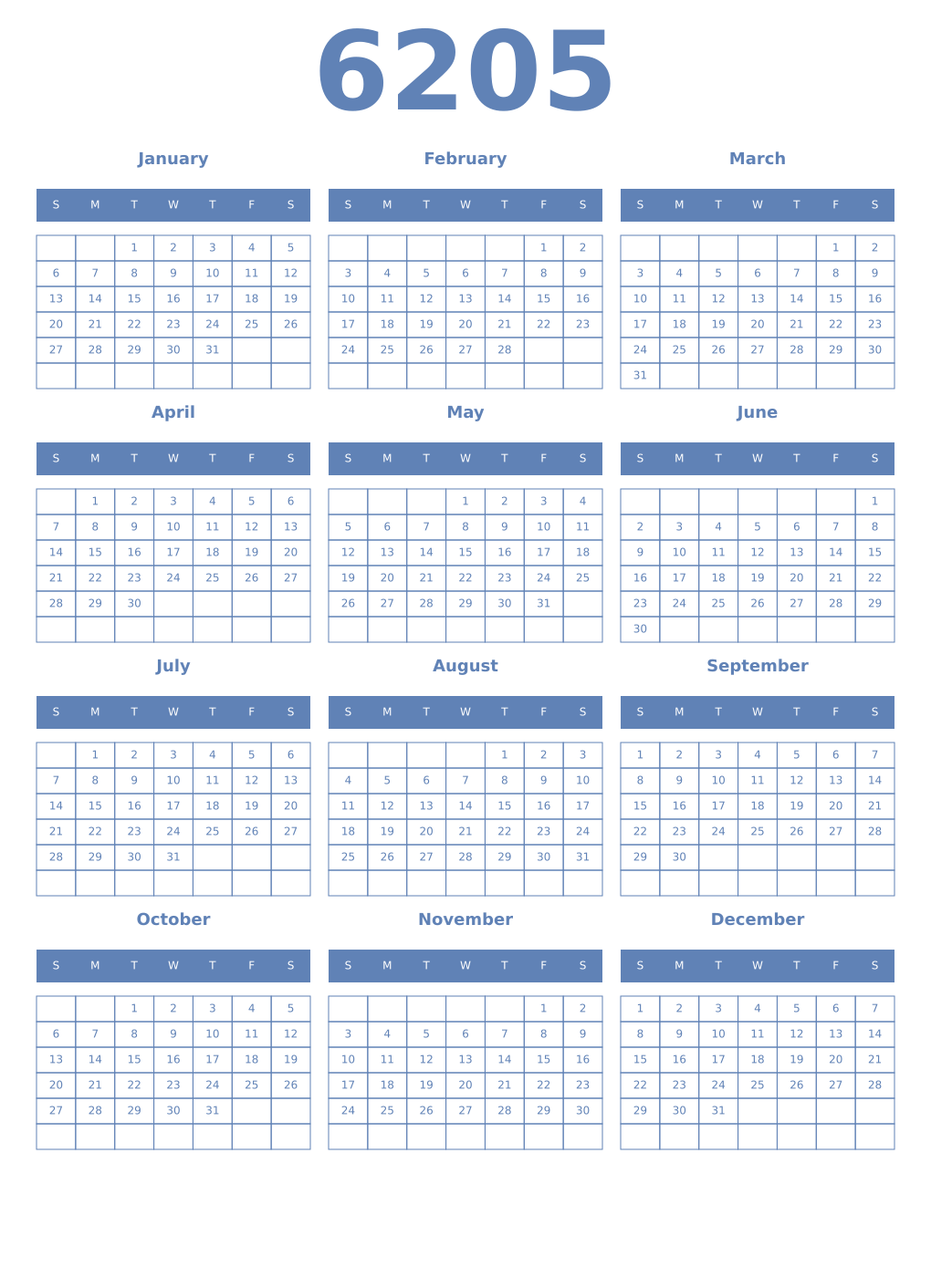 Printable 6205 Year Calendars glaucous