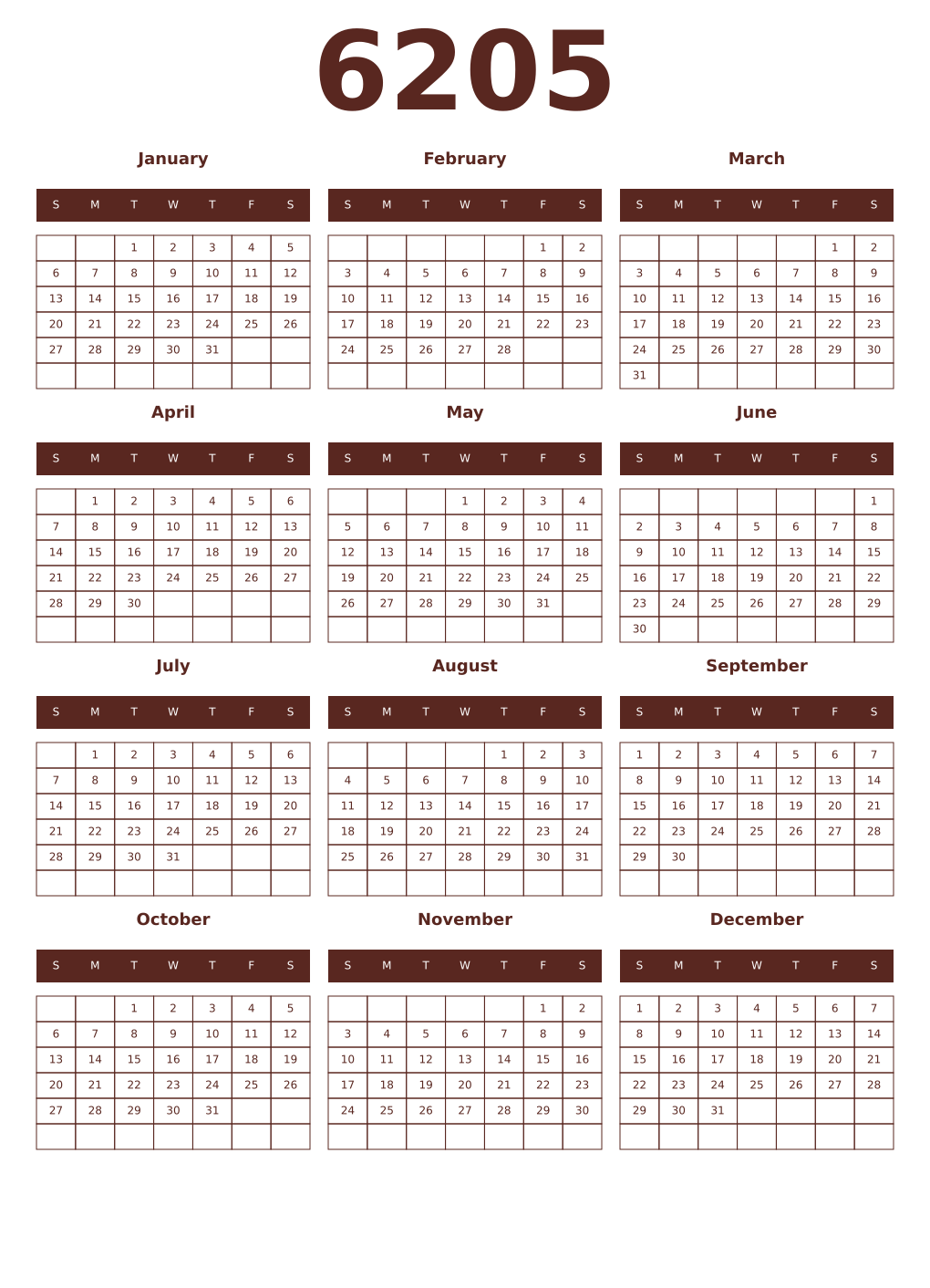 Printable 6205 Year Calendars mortuum