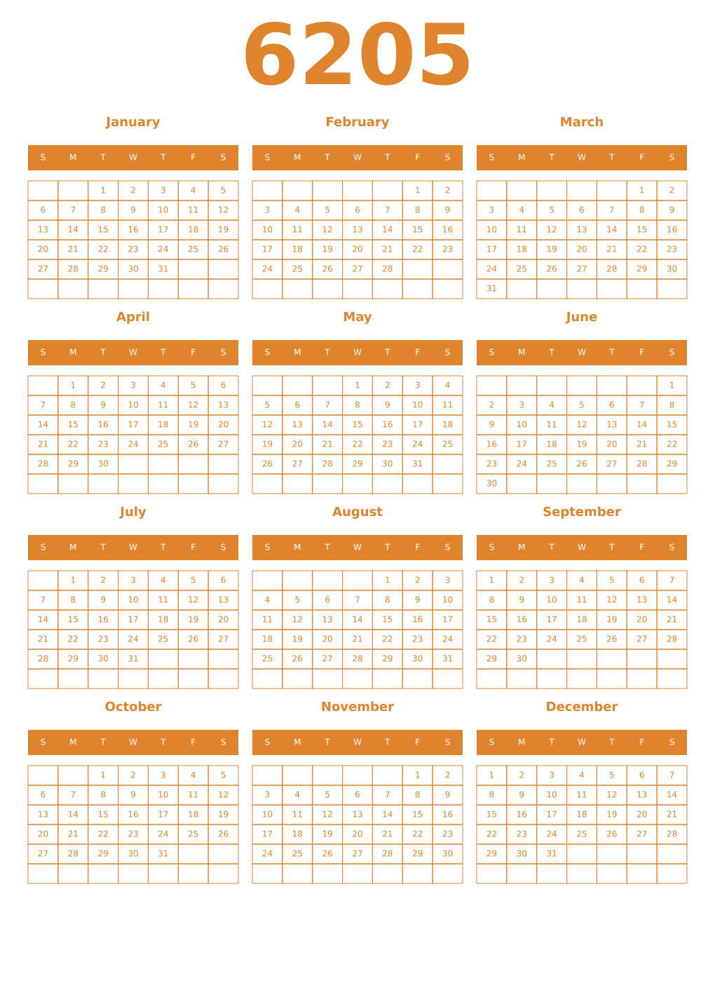 Printable 6205 Year Calendars orange