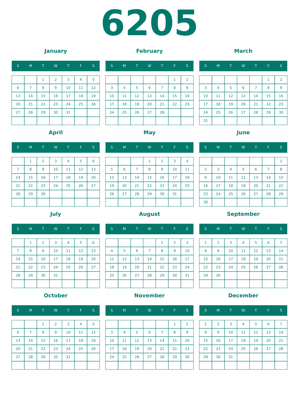 Printable 6205 Year Calendars pastel