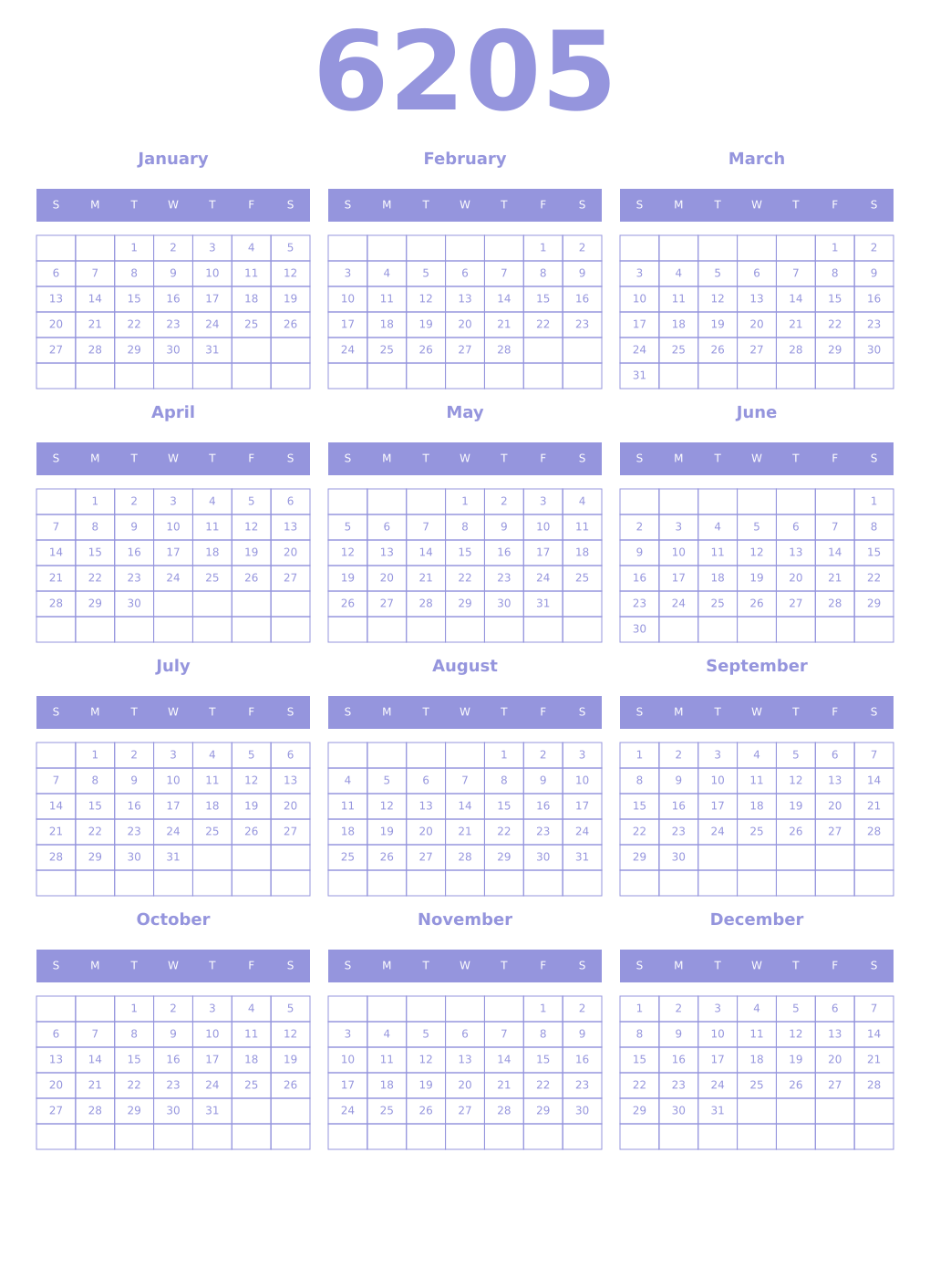 Printable 6205 Year Calendars periwinkle