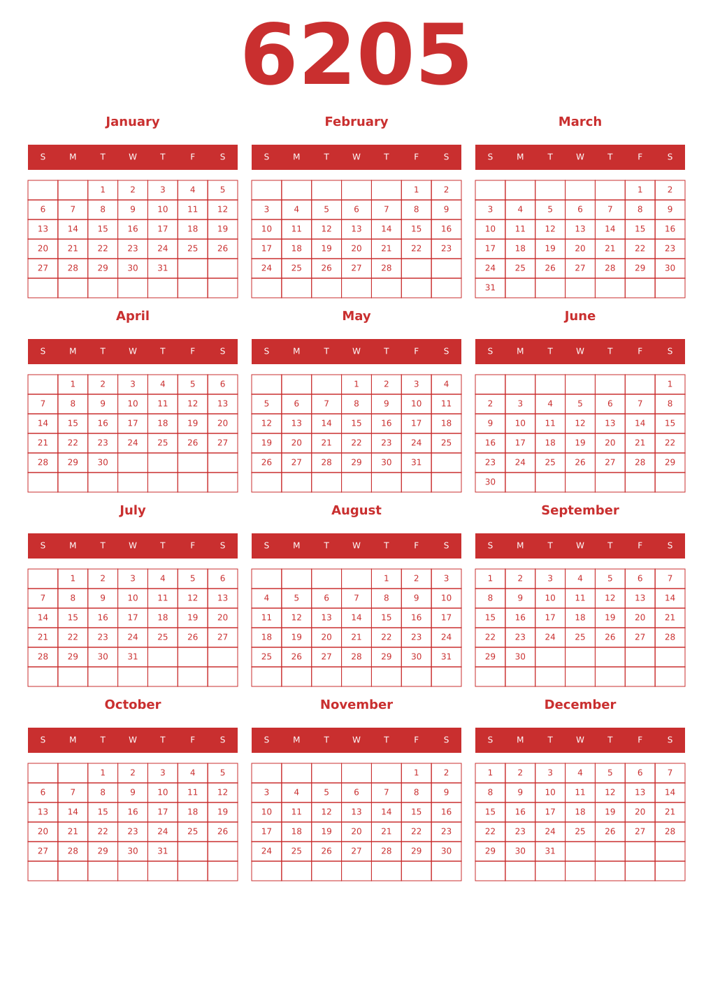 Printable 6205 Year Calendars red