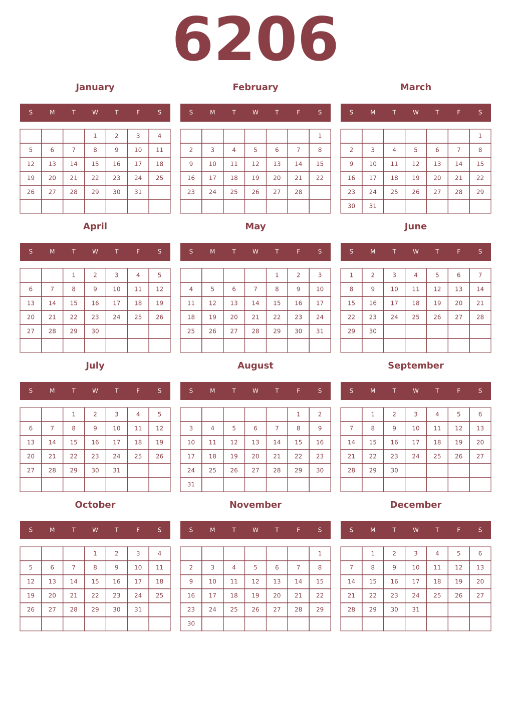 Printable 6206 Year Calendars cordovan
