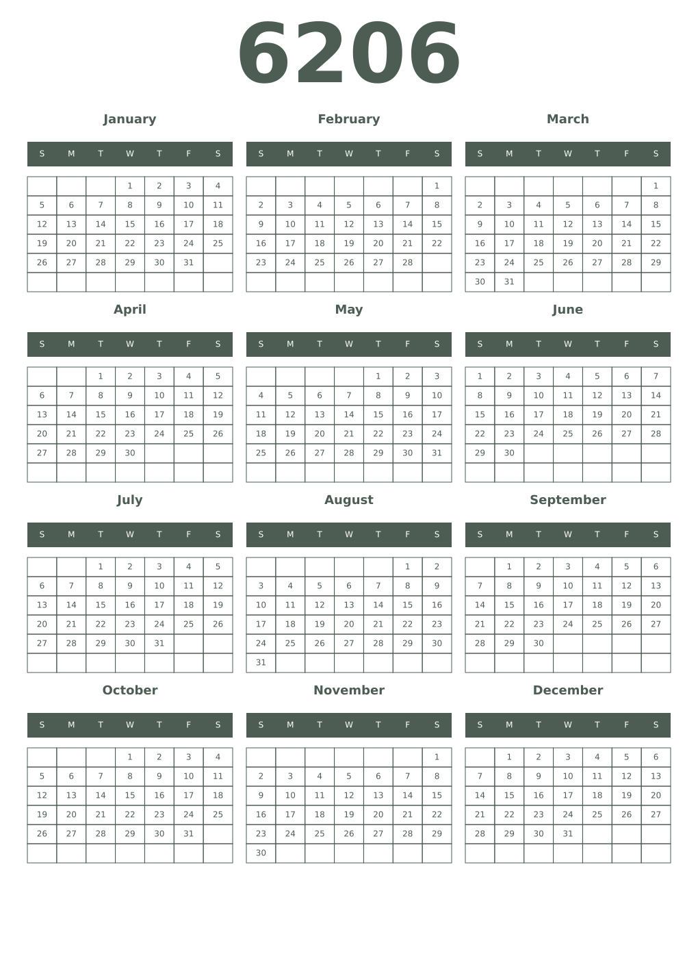 Printable 6206 Year Calendars feldgrau