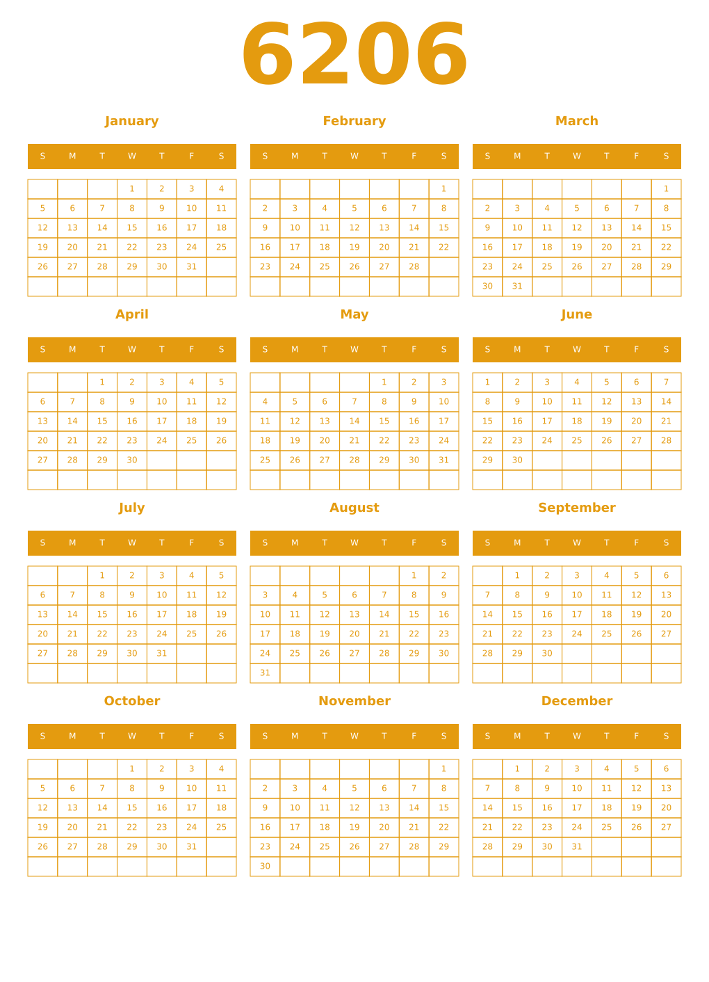 Printable 6206 Year Calendars gamboge