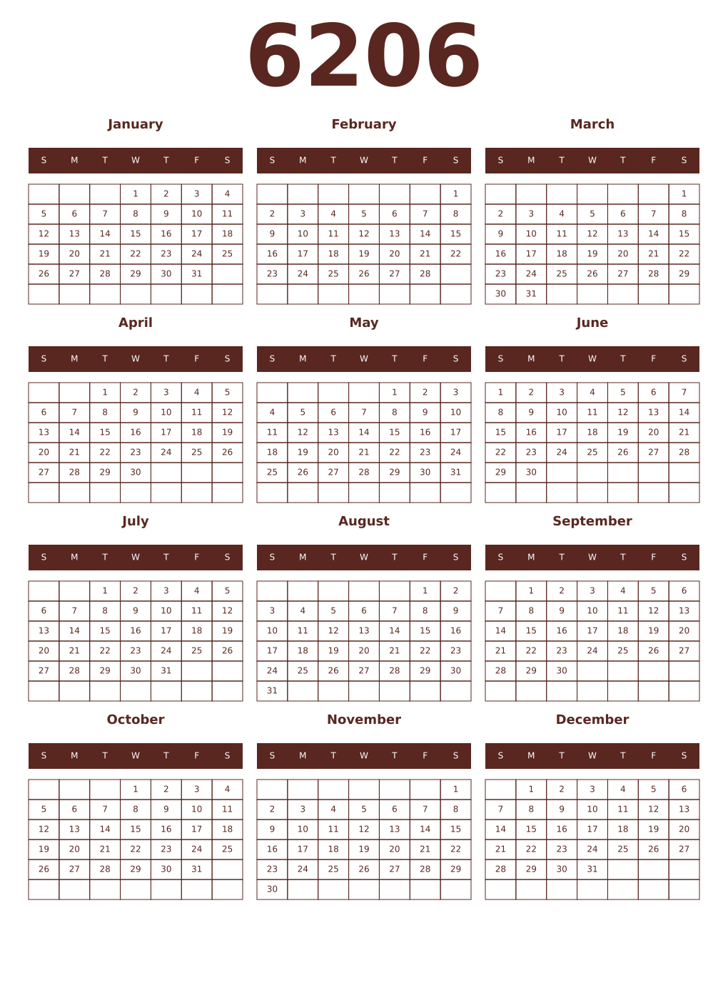 Printable 6206 Year Calendars mortuum