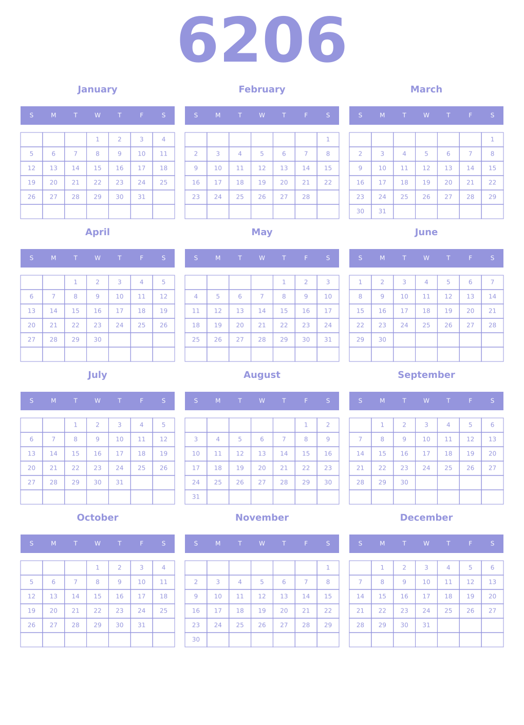 Printable 6206 Year Calendars periwinkle